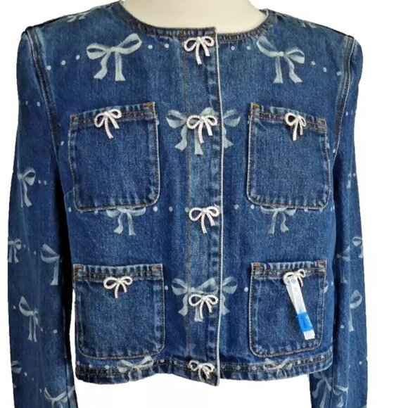Self Portrait Blue Bow Print Embellished Cropped ShortJacket USA Size 10 - Picture 11 of 15